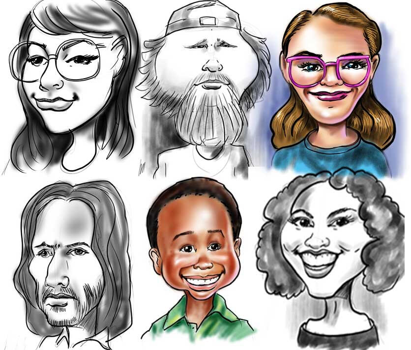 Live caricature art samples as funny cute drawings Corporate Caricature artist funny face samples