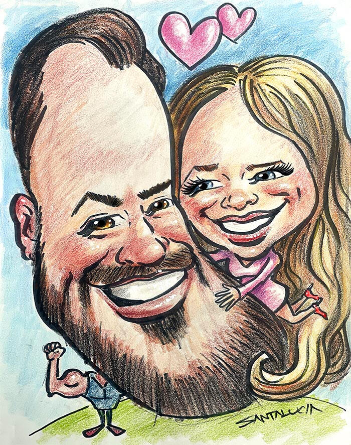 Playful exaggerated caricature of a couple in love, drawn live with bold expressive features, capturing their connection as a fun keepsake for weddings and events in Montreal Exaggerated live caricature drawing of a couple in love smiling with enlarged expressive features as an artist sketches them in a lively event setting, capturing their connection in a playful romantic style