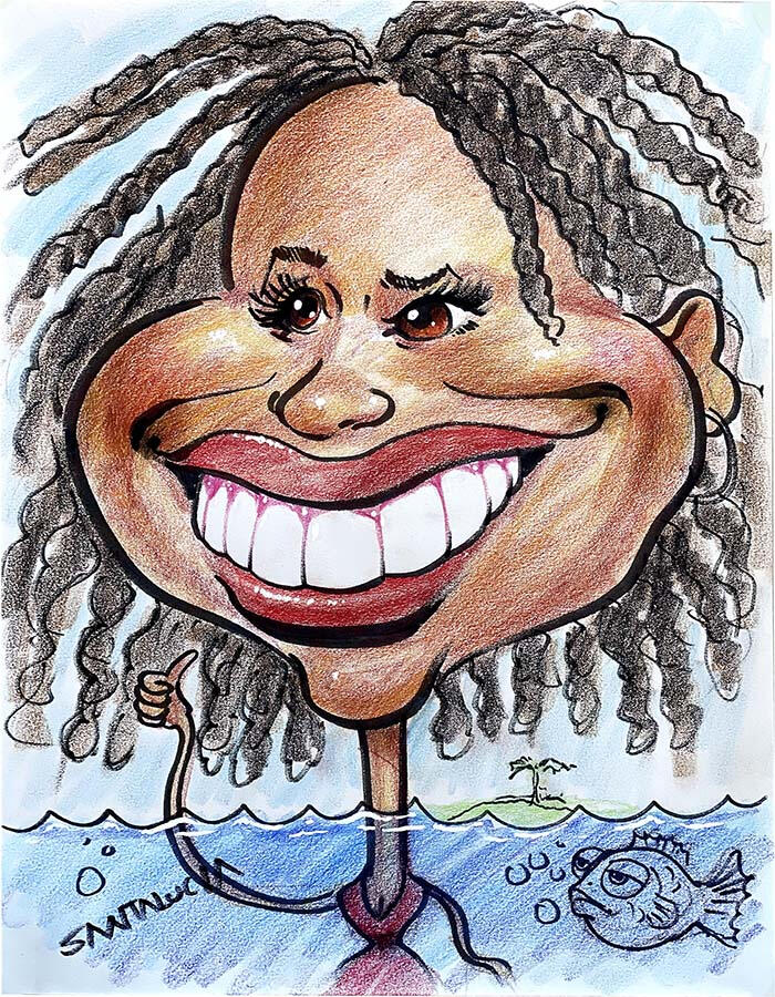 Humorous caricature of a beautiful African American woman with exaggerated features, expressive detail, and vibrant personality, created by a Montreal caricature artist in Quebec, Canada. This visually striking and culturally inspired portrait illustration Funny exaggerated caricature of a beautiful African American woman with bold features and an expressive face, created by a Montreal caricature artist in a vibrant stylized portrait illustration