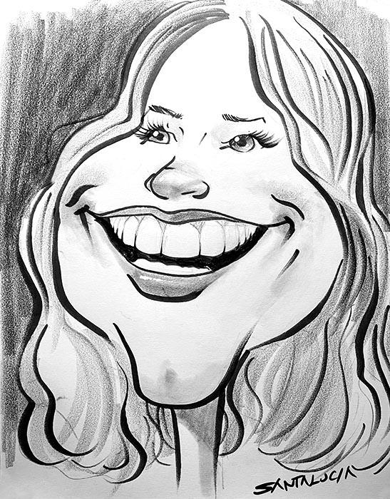 Live caricature of a smiling woman drawn by a professional Canadian caricature artist capturing fun personality and expressive live event illustration perfect for corporate events weddings and parties in Montreal caricature entertainment live drawing. Happy woman portrait live caricature drawn by Quebec Montreal caricature artist at an event capturing a joyful expression in a stylized hand drawn illustration onsite entertainment sketch artwork
