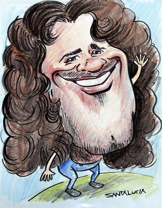 Humorous caricature of a charismatic man with exaggerated features, bold expression, and dynamic personality, created by a Montreal caricature artist in Quebec, Canada. This visually striking and playful portrait illustration is perfect for art collectors, Humorous exaggerated caricature of a man with bold facial features and expressive personality, created by a Montreal caricature artist in Quebec Canada, vibrant stylized portrait illustration