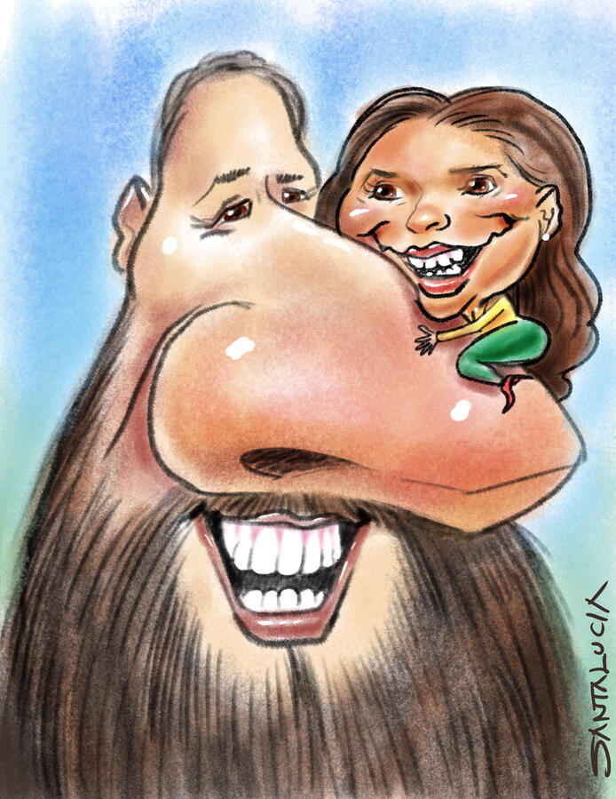Funny exaggerated live caricature artist Montreal events parties corporate entertainment wedding caricaturist Quebec Funny exaggerated caricature of a couple with playful oversized nose gag drawn live at an event